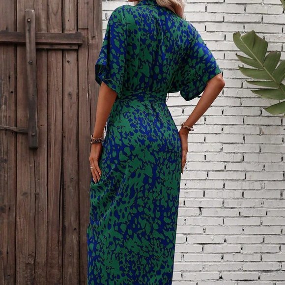 Multicolor Boho Womens Allover Print Batwing Sleeve Belted Shirt Dress - Picture 2 of 5